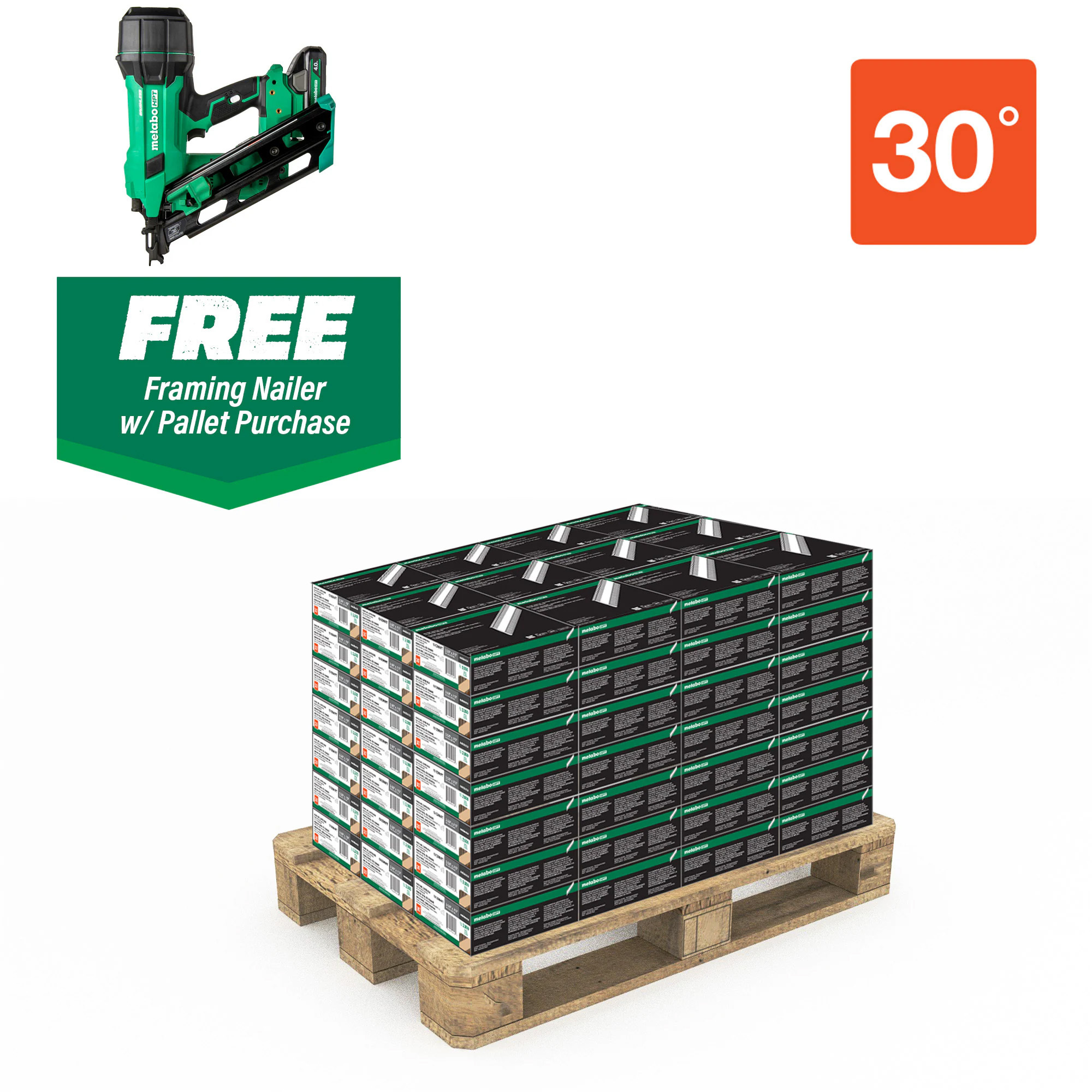Metabo HPT Framing Nails — 3 1/4in. x .131, 30° Clipped Head, Bright, Smooth Shank, Free Cordless Framing Nailer, Model# 15110NR1890DCAM